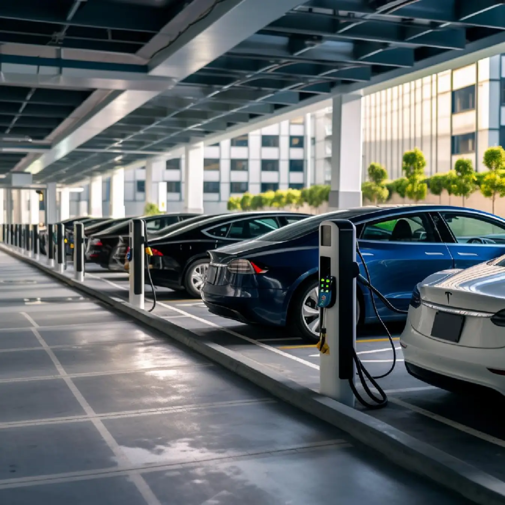 Plusieurs bornes de recharge alignées sur un parking professionnel.
