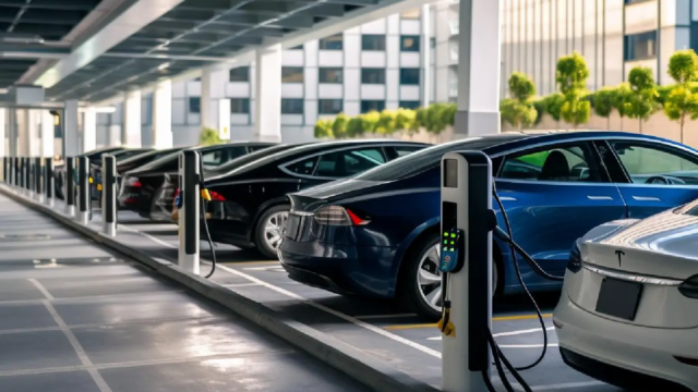 Plusieurs bornes de recharge alignées sur un parking professionnel.
