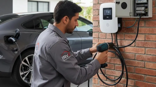 Un-installateur-IRVE-en-train-de-poser-une-borne-de-recharge